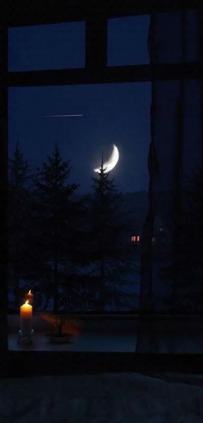 Crescent moon in night sky through window with candle.