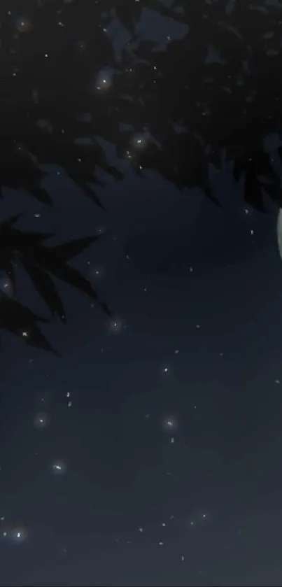 Moonlit night sky with stars and dark leaves.