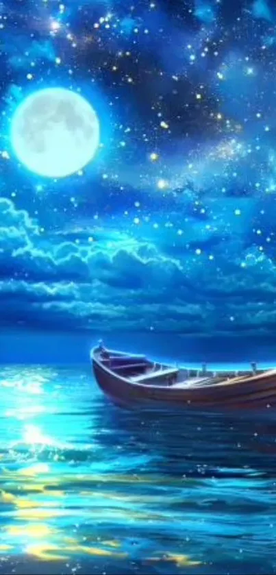 Serene night with boat under starry sky and glowing moon wallpaper.