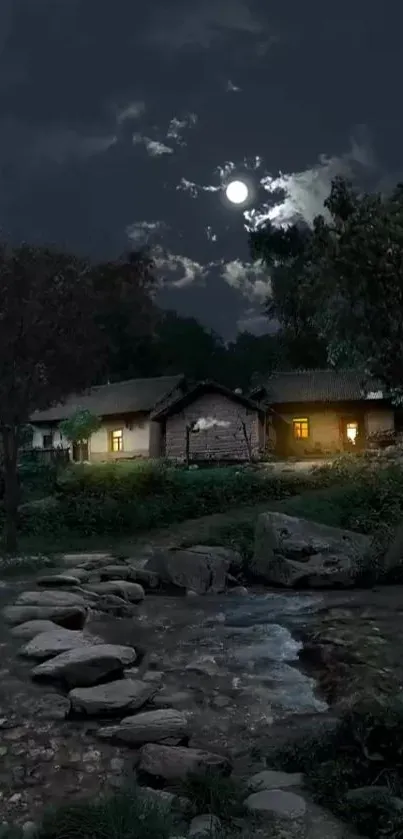 Moonlit village night wallpaper with glowing cottage and serene landscape.