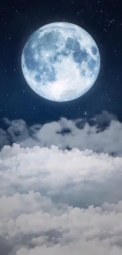 A full moon shining over clouds in a starry night sky wallpaper.