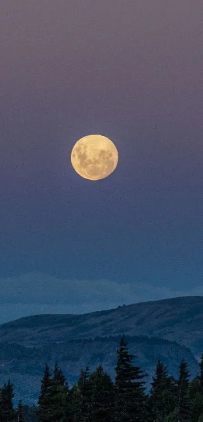 Full moon over mountains and trees at twilight.