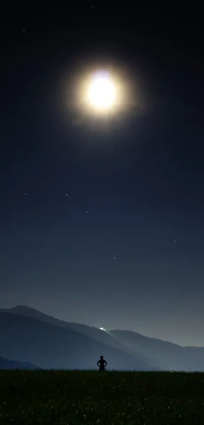 Silhouetted figure under glowing moon in nighttime landscape.