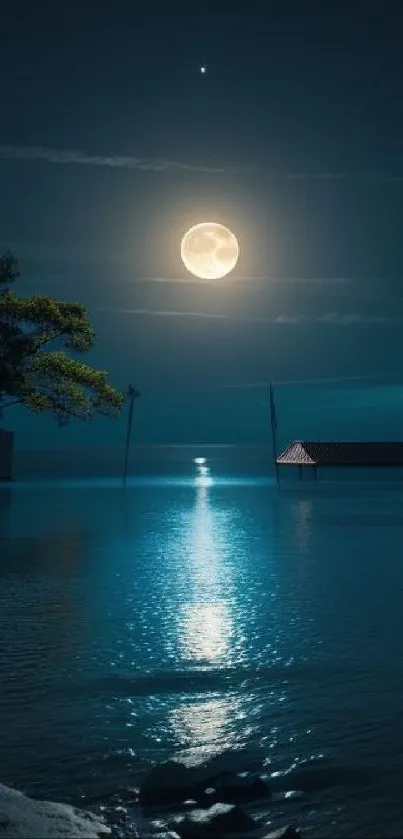 Peaceful moonlit lake with reflections and a lone silhouette tree.