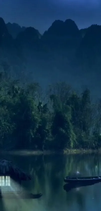 Moonlit night with misty lake and hills, creating a serene landscape.