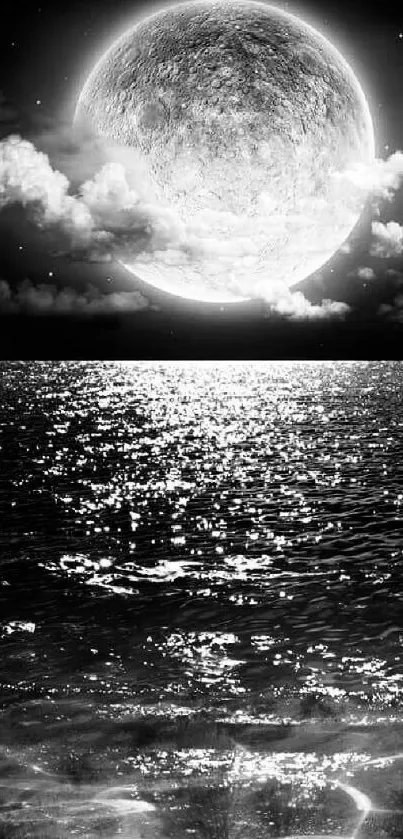 Black and white wallpaper with a full moon reflecting over the ocean.