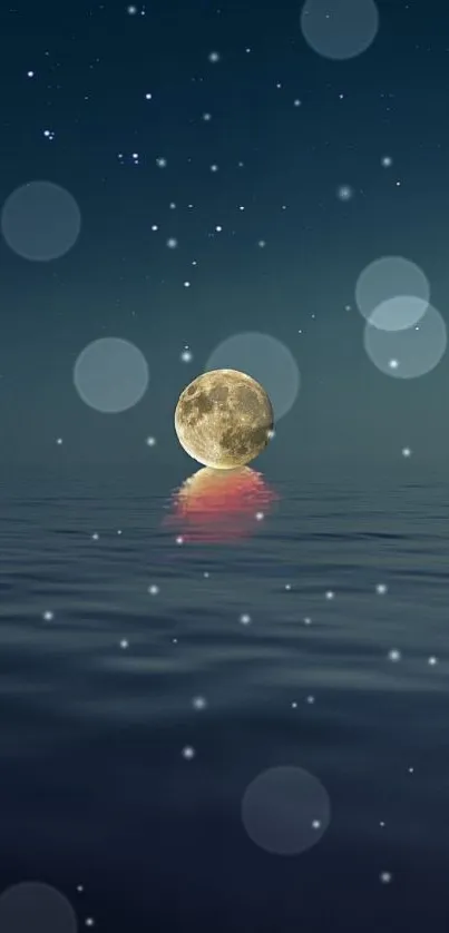 Moon reflecting on tranquil ocean under a starry night sky wallpaper.