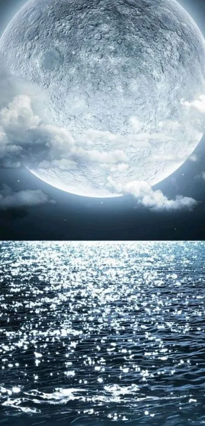 Serene moonlit ocean with full moon and sparkling water.