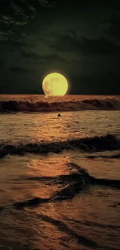 Moonlit ocean view with glowing full moon and gentle waves at night.