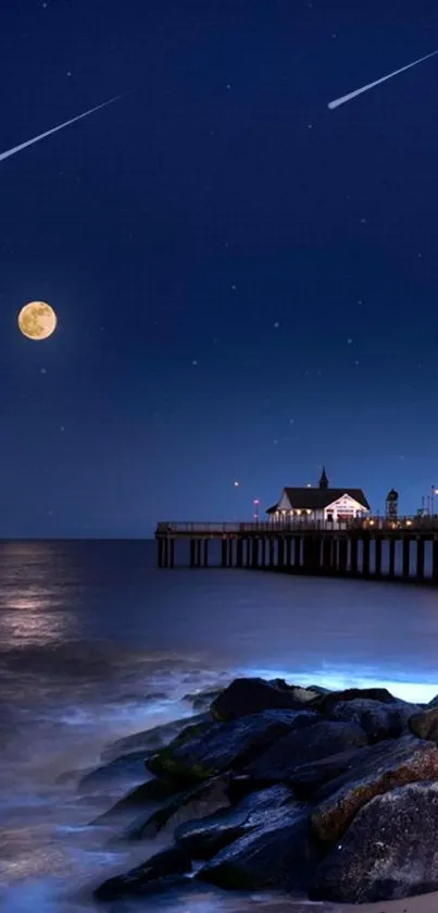 Moonlit ocean with pier and stars, perfect serene mobile wallpaper.