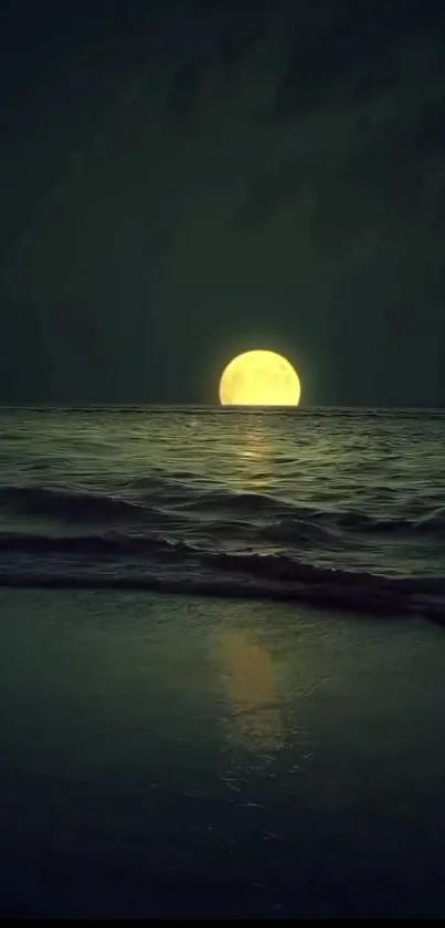 Full moon rising over a calm ocean at night.