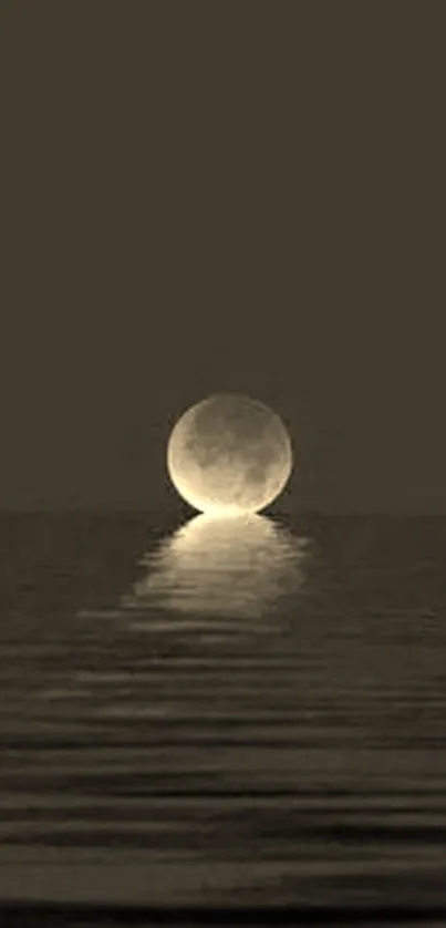 A serene wallpaper of a full moon reflecting on a calm, sepia-toned ocean.