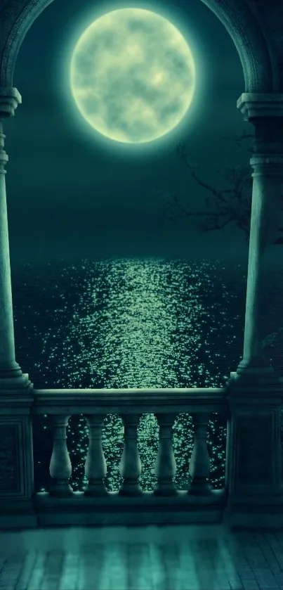 Moonlit balcony with ocean view under a full moon.