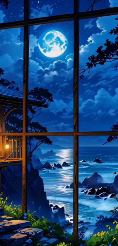 Moonlit ocean view through a window at night.