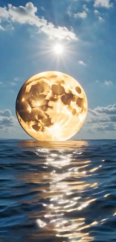 Moon reflecting on ocean under blue sky.