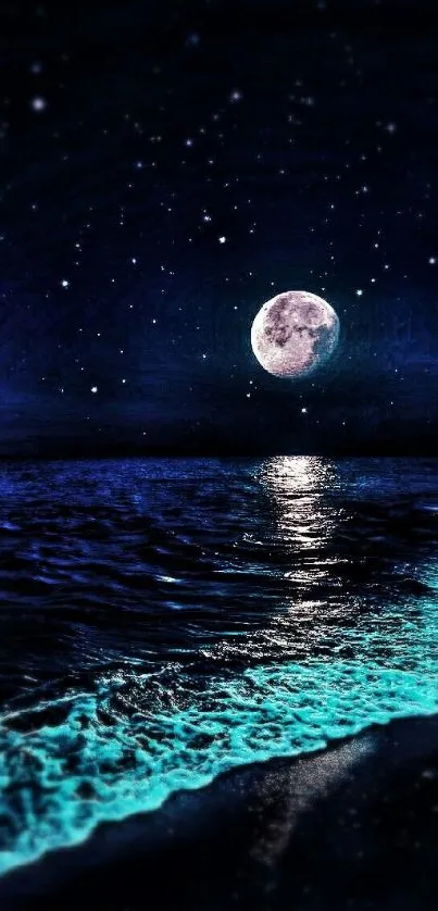 A tranquil night scene with a full moon over an ocean reflecting serene moonlight.