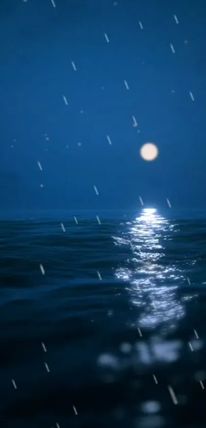 Serene ocean under moonlight with rainfall on a tranquil night.