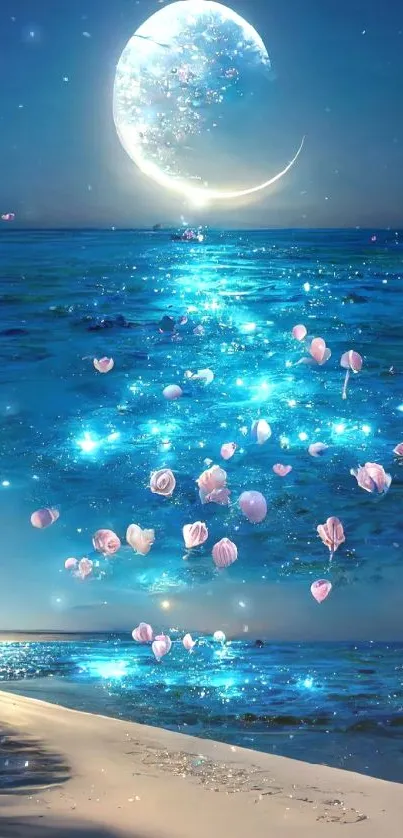 Serene moonlit ocean with floating petals.