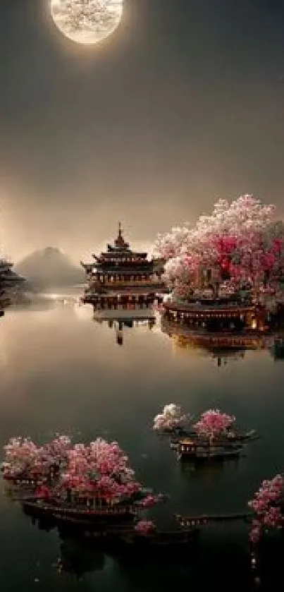 Moonlit pagoda with cherry blossoms reflecting on a serene lake at night.