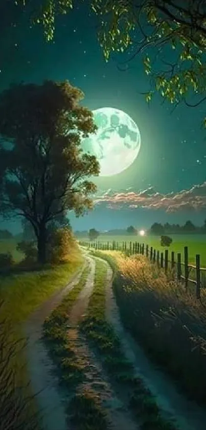 Moonlit path through countryside at night with sky full of stars.