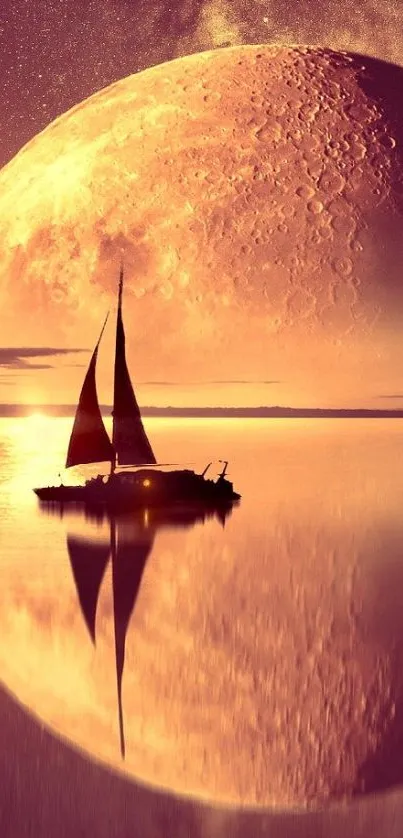 Sailboat on a serene moonlit lake with a galaxy sky and tree reflection.