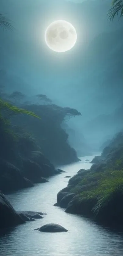 Moonlit river with lush greenery at night.