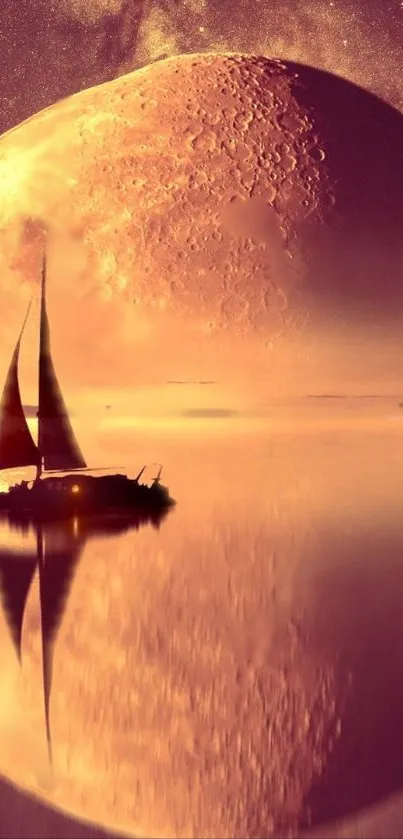 Serene sailboat under a warm pink moonlit sky.