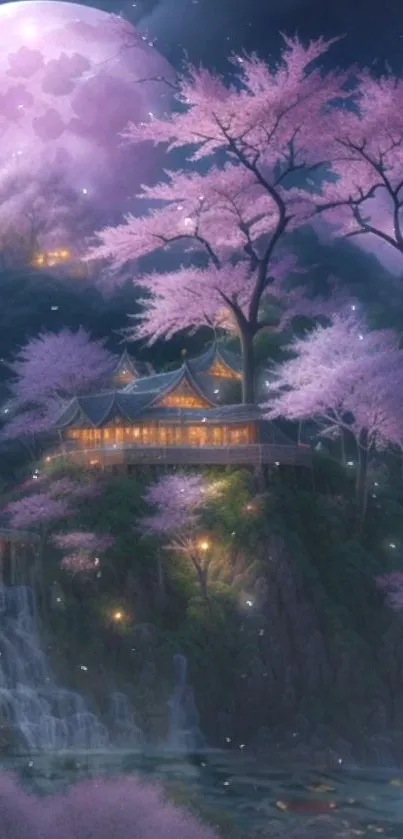 Serene moonlit landscape with Sakura and waterfall.