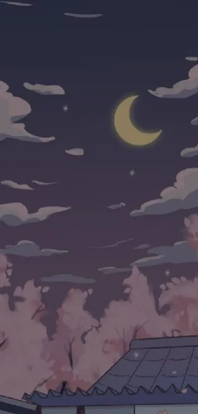 Animated crescent moon and sakura trees wallpaper.