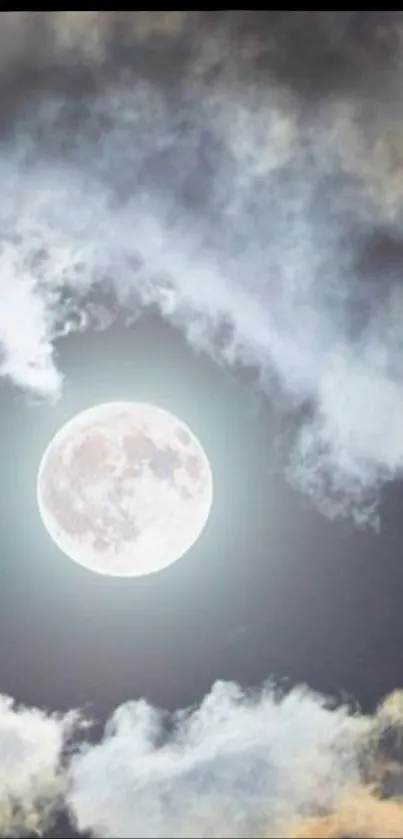 Moon surrounded by clouds on a dark night sky in this serene wallpaper.