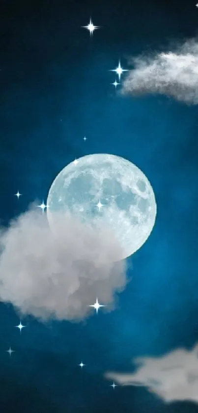 Moonlit sky with stars and wispy clouds on a deep blue background.