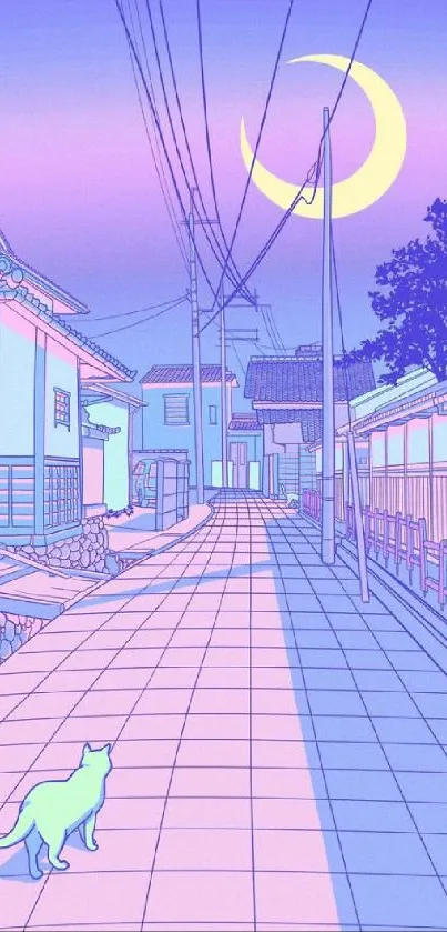 Pastel street at night with crescent moon and cat in serene setting.