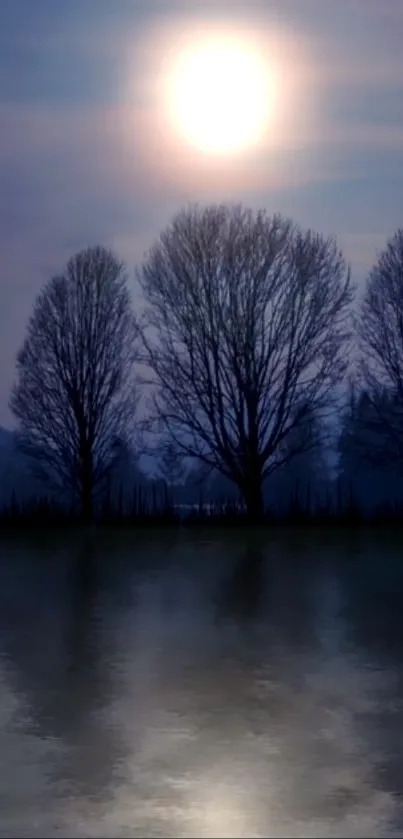 Moonlit trees reflected on calm water at night.