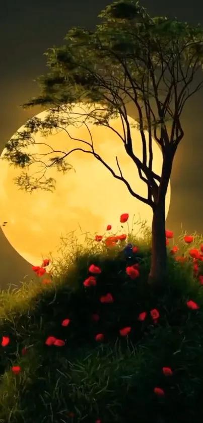 Moonlit tree with red flowers on lush green hill wallpaper.