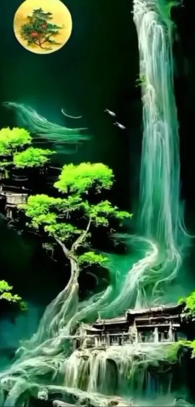 Moonlit waterfall with lush greenery and traditional structures in serene landscape.