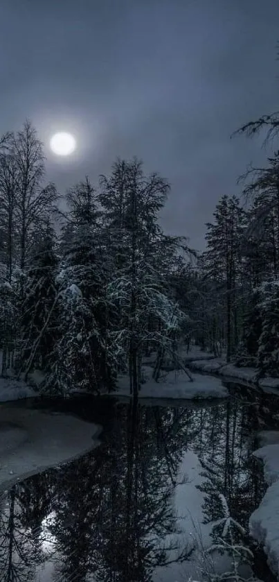 Moonlit winter forest reflection with icy pond under a glowing night sky.