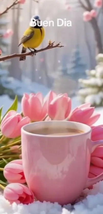 Pink coffee mug with tulips and a bird on a snowy branch.