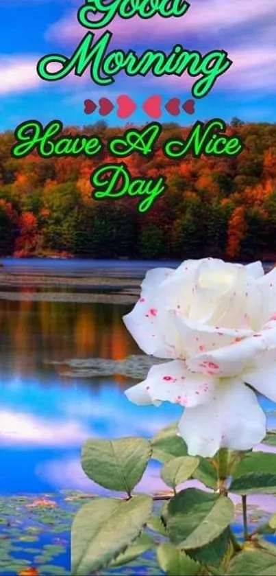 Good morning wallpaper with lake and white rose, vibrant autumn scenery.