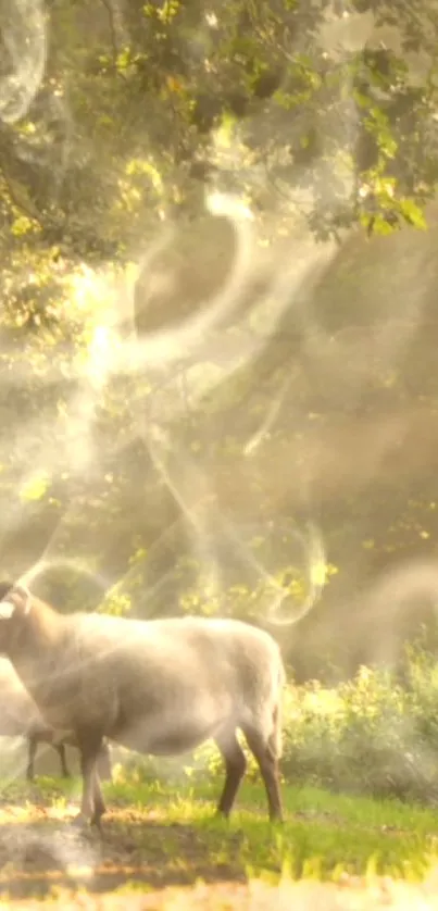 Sheep standing in a misty forest with sunlight filtering through.