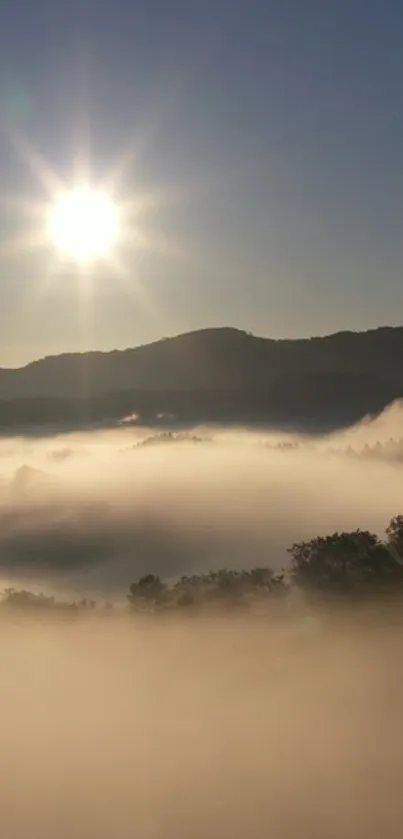 Serene view of sunrise over a misty mountain landscape with sunlight.