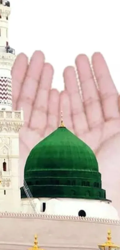 Mosque with green dome and hands in prayer pose wallpaper.