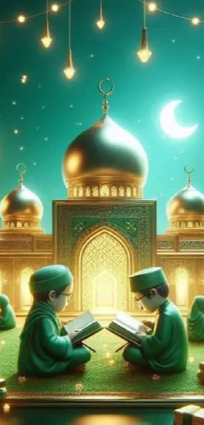 Illustrated mosque with glowing crescent moon and stars at night.