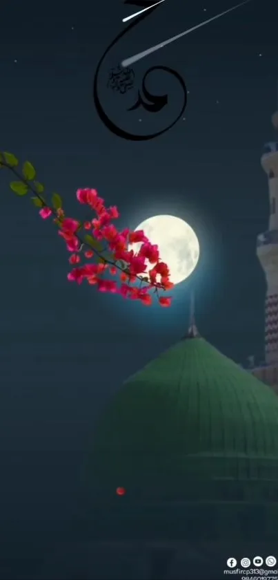 Night view of a mosque with full moon and flowers.