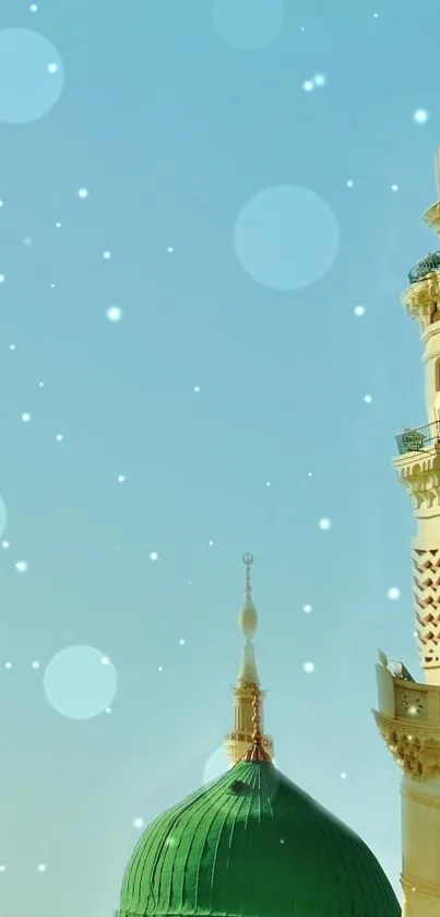 Serene mosque wallpaper with a blue sky and minaret.