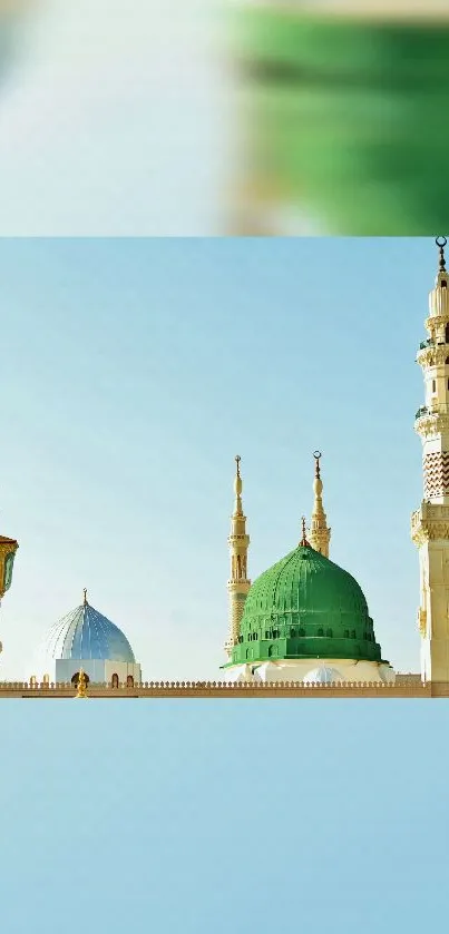 Serene mosque skyline with domes and minarets in a tranquil setting.