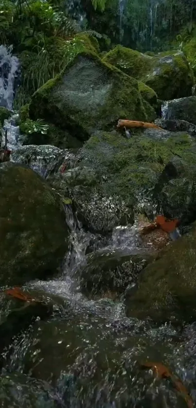 Mossy waterfall amidst lush greenery.