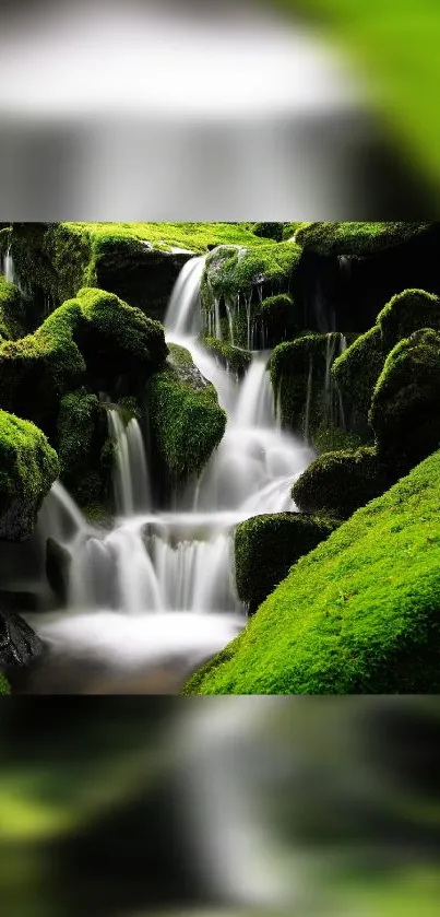 Moss-covered waterfall cascading over rocks in a tranquil setting.