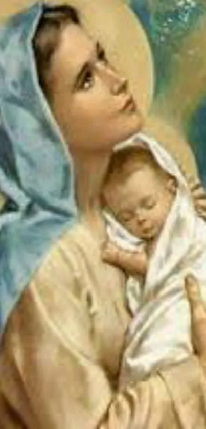 Artistic depiction of a serene mother holding her child, with soft colors and gentle light.