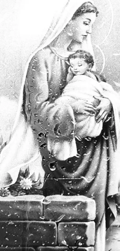 Black and white artistic image of a mother holding her child.