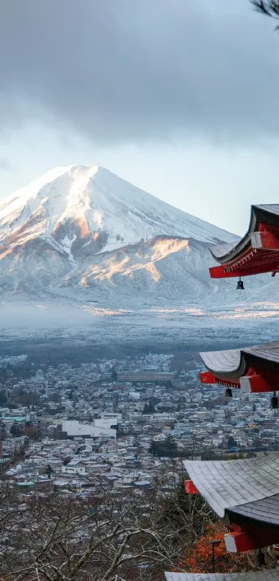 Stunning view of Mount Fuji with traditional Japanese architecture.